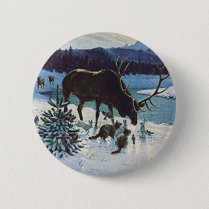 Vintage Forest Creatures and Elk in Winter Snow 6 Cm Round Badge