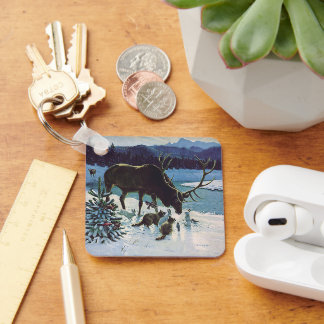 Vintage Forest Creatures and Elk in Winter Snow Key Ring
