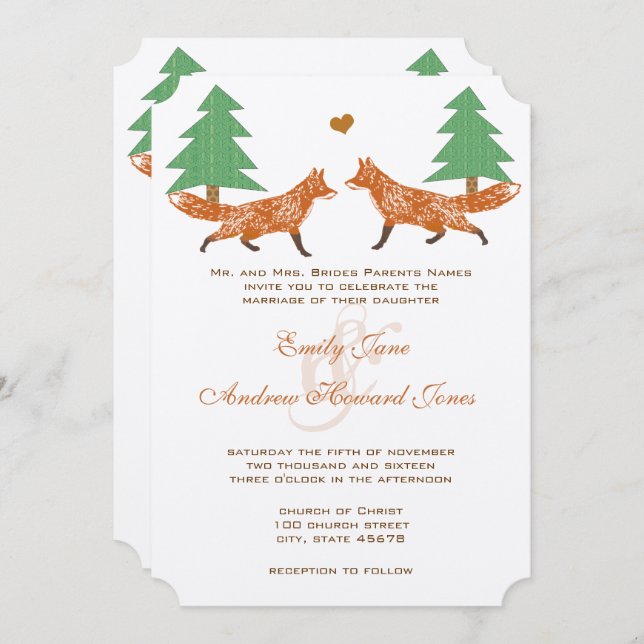 Vintage Forest Fox Pine Tree Wedding Invitation (Front/Back)