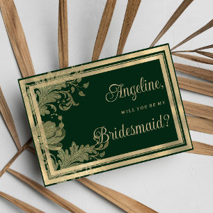 Vintage forest green gold floral Bridesmaid Invitation