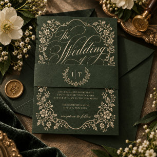 Vintage Forest Green Ornate Floral Monogram Invitation Belly Band