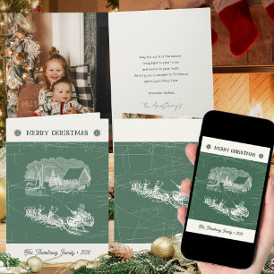 Vintage Forest Green Santa Sleigh Christmas Holiday Card