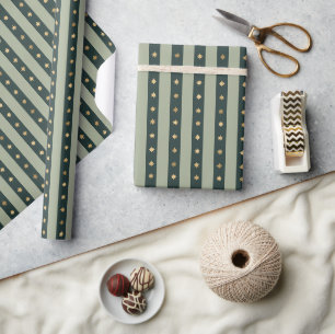 Vintage Forest Green Stripes Gold Stars Christmas Wrapping Paper
