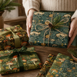 Vintage Forest Mushroom in Dark Green & Rustic Red Wrapping Paper Sheet