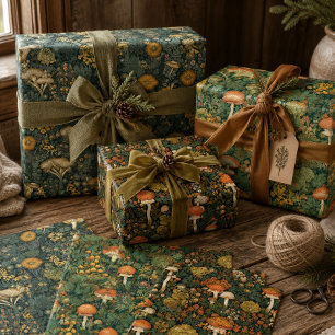 Vintage Forest Mushroom in Dark Green & Rustic Red Wrapping Paper Sheet