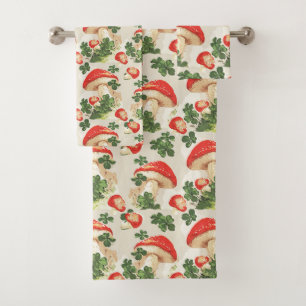 Vintage Forest Mushroom Lucky Clover Pattern Bath Towel Set