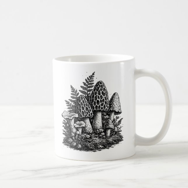 Vintage forest mushrooms linocut coffee mug (Right)