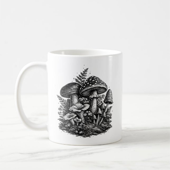 Vintage forest mushrooms linocut coffee mug (Left)