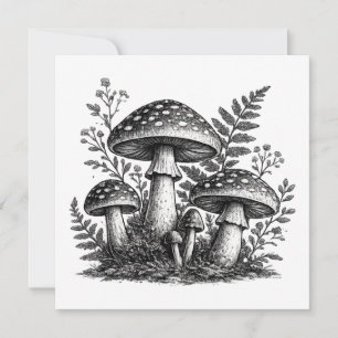 Vintage forest mushrooms linocut invitation