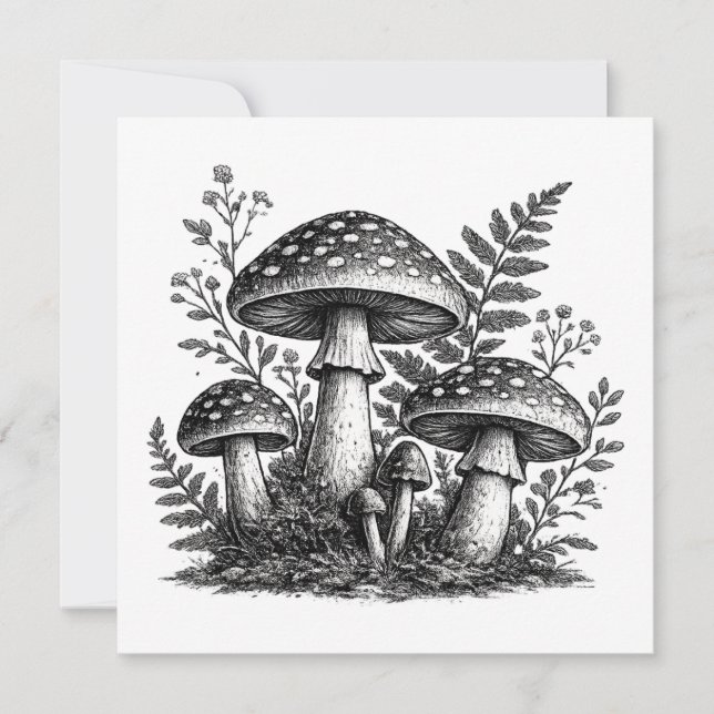Vintage forest mushrooms linocut invitation (Front)