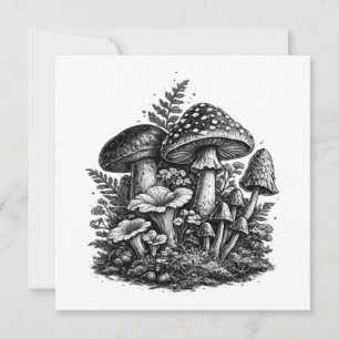 Vintage forest mushrooms linocut invitation