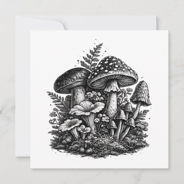 Vintage forest mushrooms linocut invitation (Front)