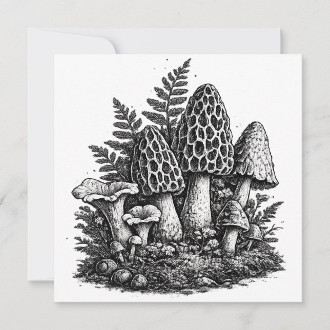Vintage forest mushrooms linocut invitation (Front)