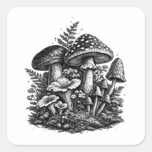 Vintage forest mushrooms linocut square sticker
