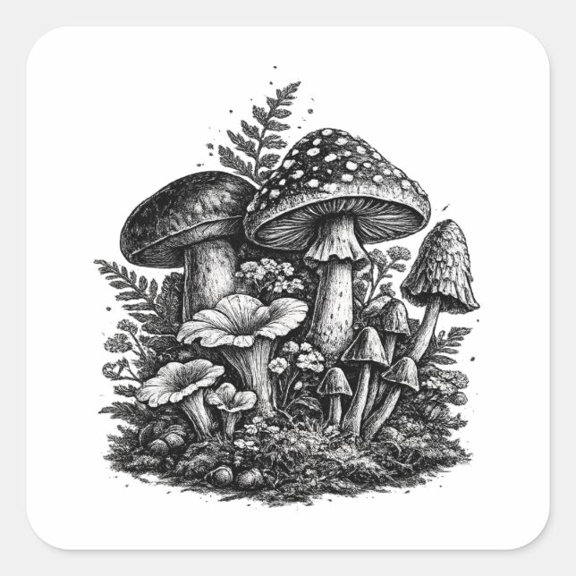 Vintage forest mushrooms linocut square sticker (Front)