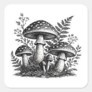 Vintage forest mushrooms linocut square sticker