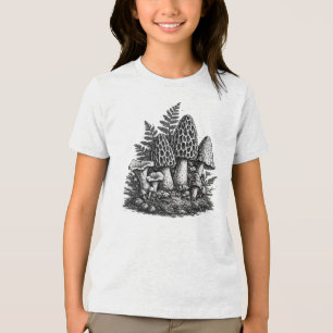 Vintage forest mushrooms linocut Tri-Blend shirt