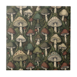 Vintage Forest Mushrooms Moody Cottagecore Tile