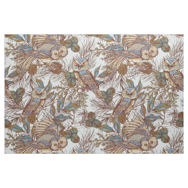 Vintage forest owl duck egg blue fabric (Yard)