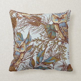 Vintage forest owl duck egg blue fabric cushion
