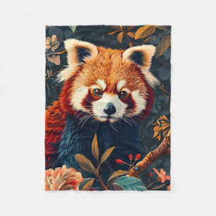 Vintage Forest Red Panda Pattern Floral Garden Fleece Blanket