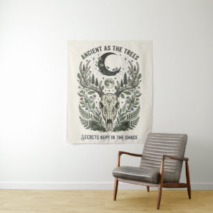 Vintage Forestcore Deer Skull Botanical Ferns Tapestry