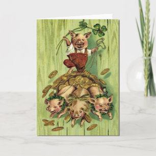 Vintage Four Leaf Clover Pig Gold St Patrick's Day Card