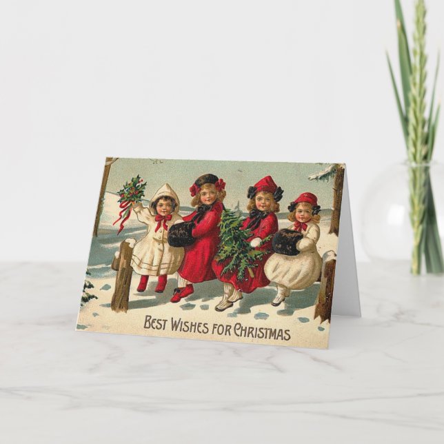 Vintage - Four Little Girls at Christmas, Holiday Card (Front)