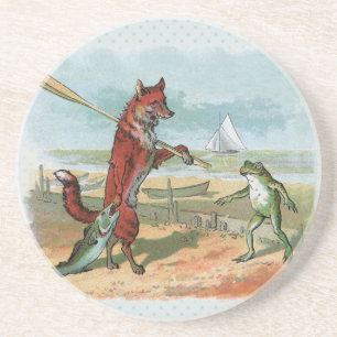 Vintage Fox and Frog Beach Whimsical Illustration Coaster