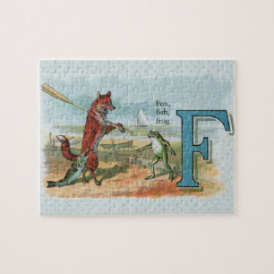 Vintage Fox and Frog Beach Whimsical Illustration Jigsaw Puzzle