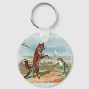 Vintage Fox and Frog Beach Whimsical Illustration Key Ring