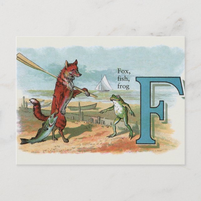 Vintage Fox and Frog Beach Whimsical Illustration Postcard (Front)