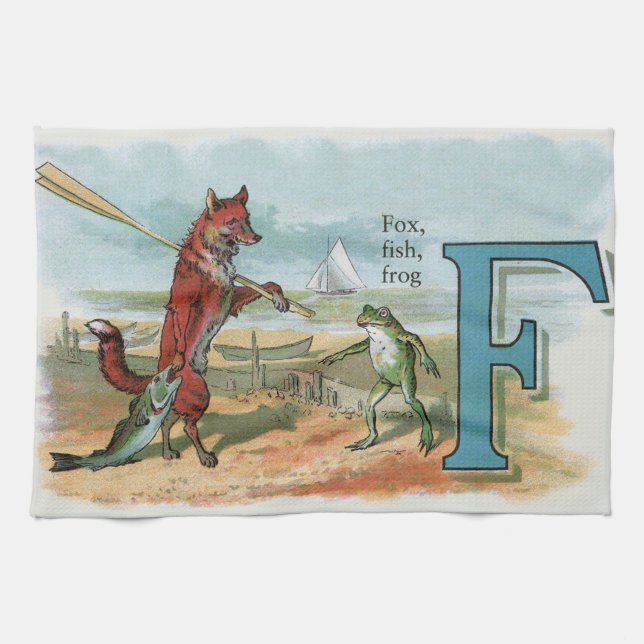 Vintage Fox and Frog Beach Whimsical Illustration Tea Towel (Horizontal)