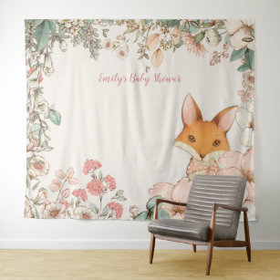Vintage Fox Baby Shower Backdrop landscape Cream Tapestry