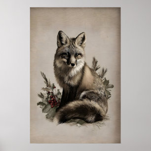 Vintage Fox Christmas Print, Rustic Woodland Poster