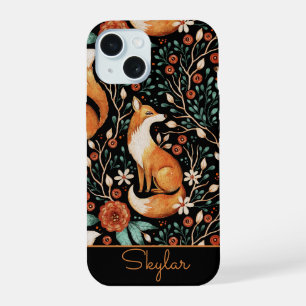 Vintage Fox Floral Botanic Pattern Script Name iPhone 15 Case