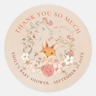Vintage Fox Florals Thank You Peach Baby Shower Classic Round Sticker