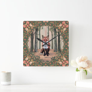 Vintage Fox in the Woods Nature-Inspired art Square Wall Clock