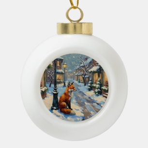 Vintage Fox Under Gas Lamp in Snowy Christmas Ceramic Ball Christmas Ornament
