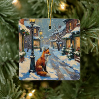 Vintage Fox Under Gas Lamp in Snowy Christmas