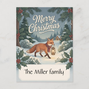 Vintage Fox with Lantern Woodland Christmas Holiday Postcard