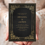 Vintage Frame Black Gold Wedding Invitation<br><div class="desc">This elegant wedding invitation features an ornate vintage gold frame on a distressed off-black background in imitation of an antique book cover. Customise the gold-coloured text with your names and wedding details. The frame design is repeated on the back of the card.</div>