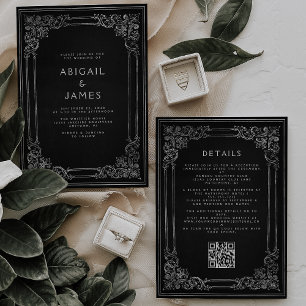 Vintage Frame Black Silver QR Code Wedding Invitation