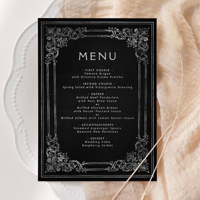 Vintage Frame Black Silver Wedding Menu (Creator Uploaded)