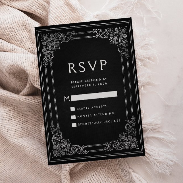 Vintage Frame Black Silver Wedding RSVP (Creator Uploaded)