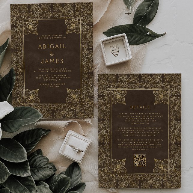 Vintage Frame Brown Gold QR Code Wedding Invitation (Creator Uploaded)