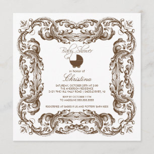 Vintage Frame Brown & White Baby Shower Invitation