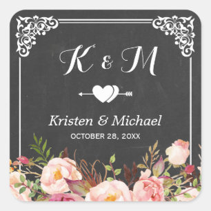 Vintage Frame Chalkboard Floral Wedding Favour Square Sticker
