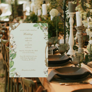 Vintage Frame Daisies Sage Wedding Invitation