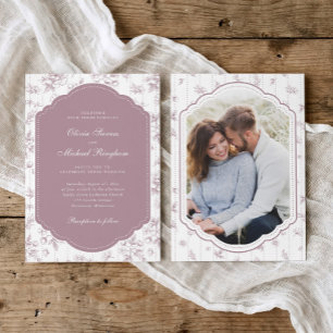 Vintage Frame Dusty Rose Pink Toile Photo Wedding Invitation